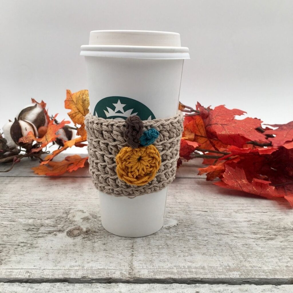 Rustic Ways Cup Cozy Crochet Pattern with Pumpkin applique 