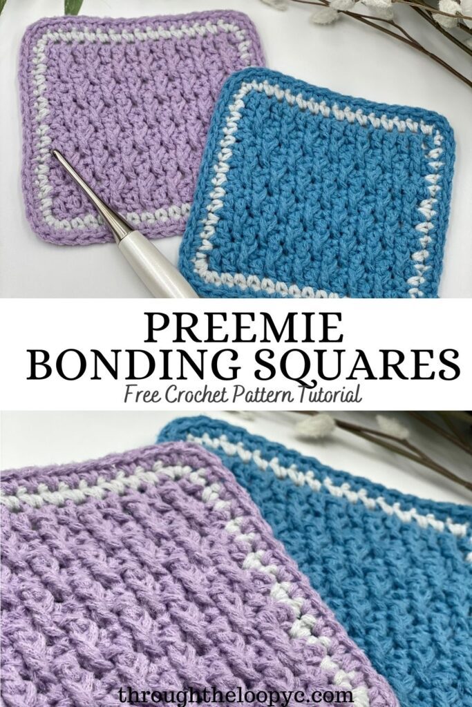 Crochet Preemie Bonding Squares Purple and Blue with grey border free pattern 