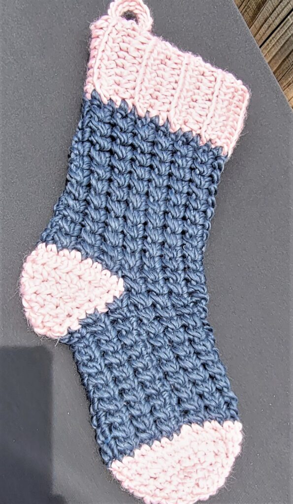 Crochet Christmas Stocking Tester Photo blue and pink