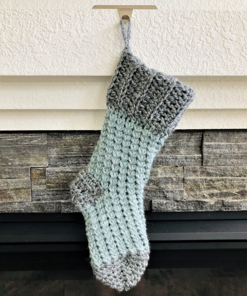 Crochet Christmas Stocking Tester Photo blue and grey