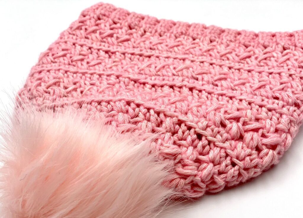 Crochet Chemo hat with pink pom pom 