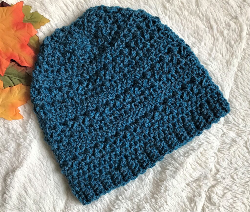 Crochet chemo hat tester picture; teal