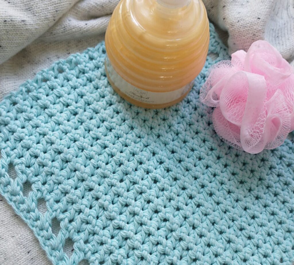 Crochet Washcloth free pattern tester picture in blue 