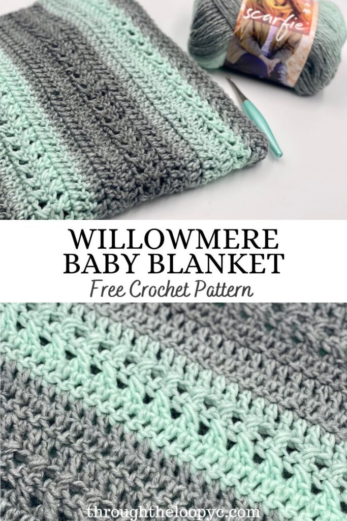 Free crochet chunky baby blanket pattern made with Scarfie Yarn; teal and grey