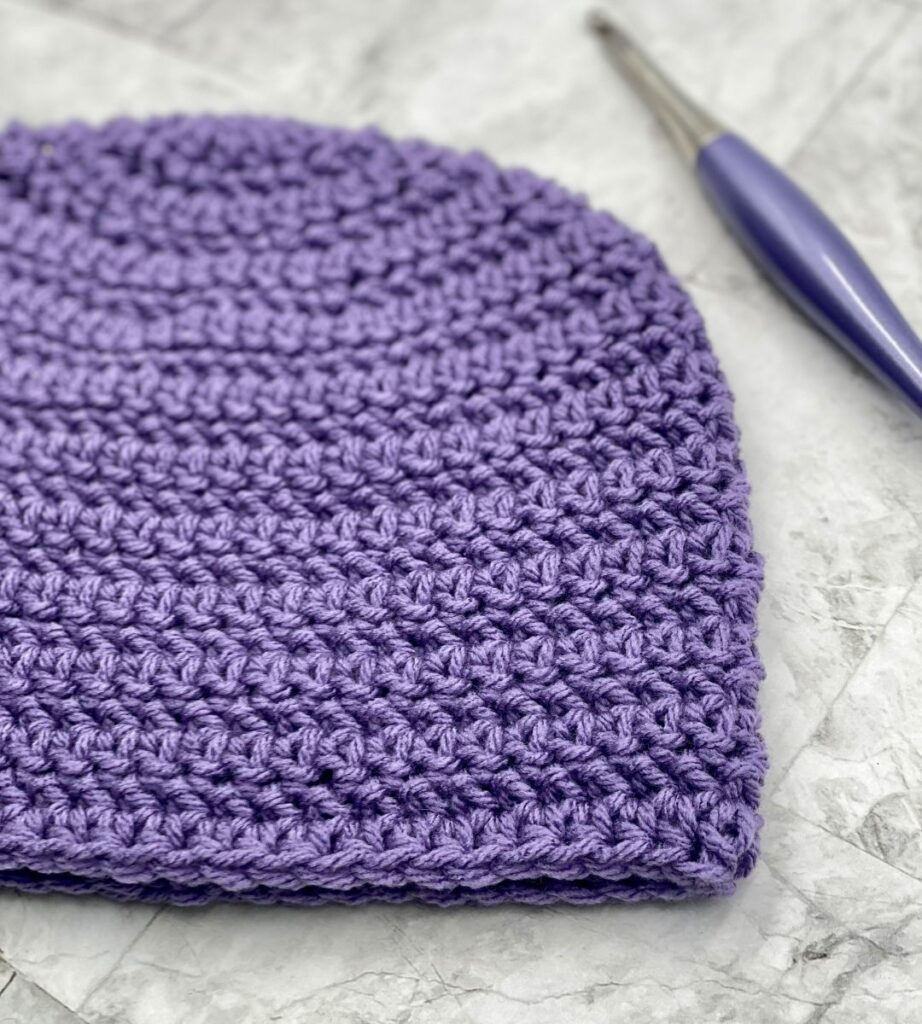 Purple crochet charity beanie free pattern and crochet hook 